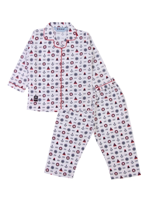 

Enfance Kids White & Blue Printed Pure Cotton Night suit