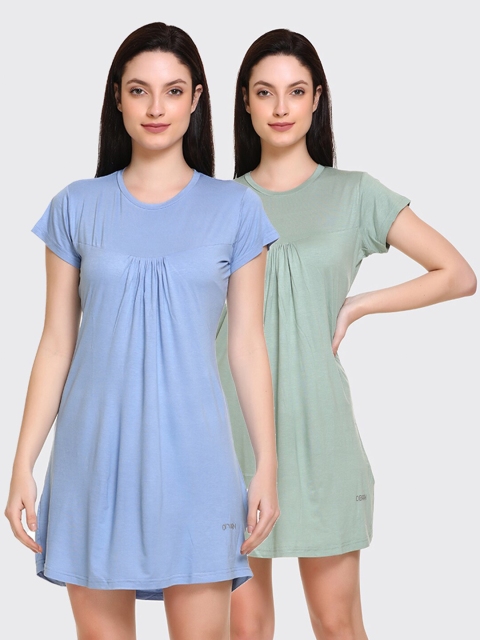

Obaan Pack of 2 Blue & Green Solid Pure Cotton Nightdress