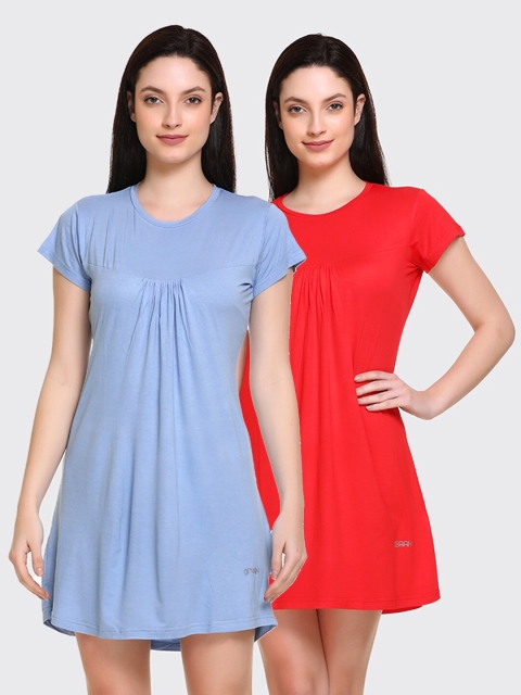 

Obaan Women Blue & Red Pack Of 2 Cotton Nightdress
