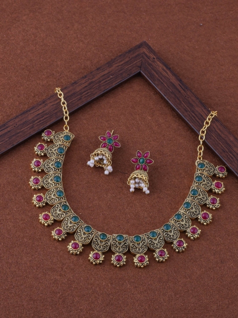 Brandsoon Rose Gold-Plated Green & Pink Stone Studded Choker Necklace Set