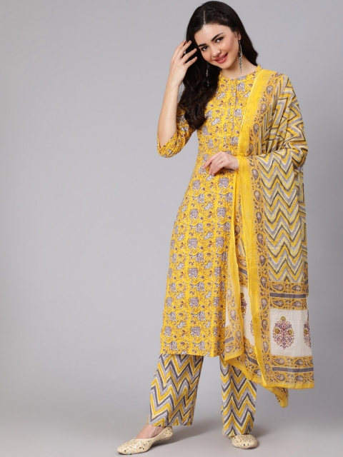 

Nayo Women Yellow & Grey Floral Print Pure Cotton Kurta with Palazzos & Dupatta