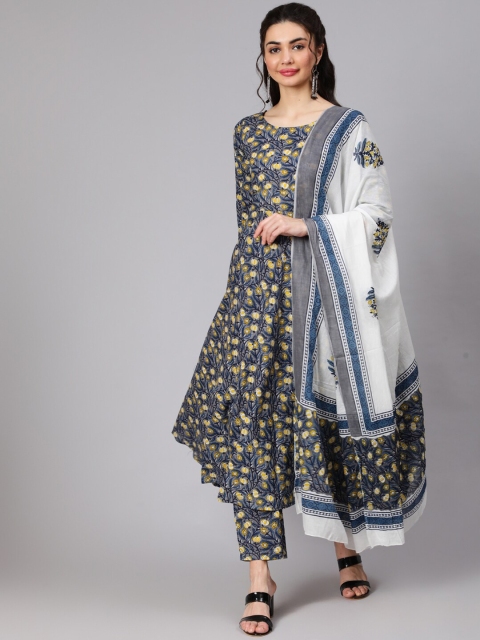 

Nayo Women Women Grey & Blue Garthered Kurta With Trouser And Dupatta