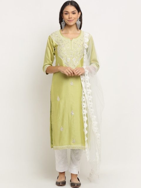 

Saksh Women Lime Green Made to Measure Kurta with Trousers & With Dupatta