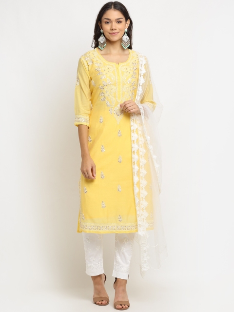 

Saksh Women Yellow & White Ethnic Motif Chikankari Kurta with Trouser & Dupatta