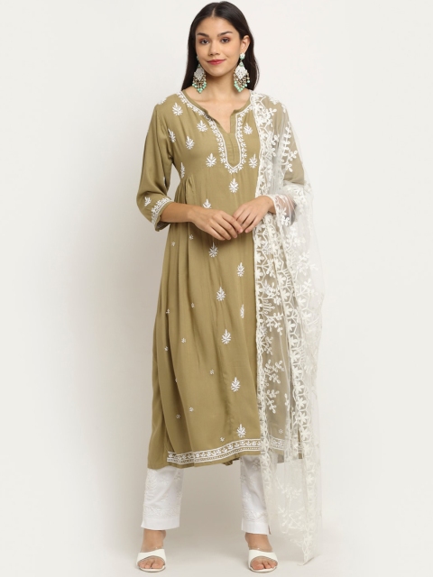 

Saksh Women Khaki & White Ethnic Embroidered Chikankari Kurta with Trousers & Dupatta
