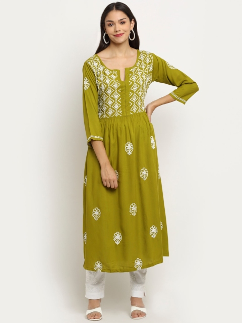 

Saksh Women Olive Green Floral Embroidered Pleated Chikankari Kurti with Trousers