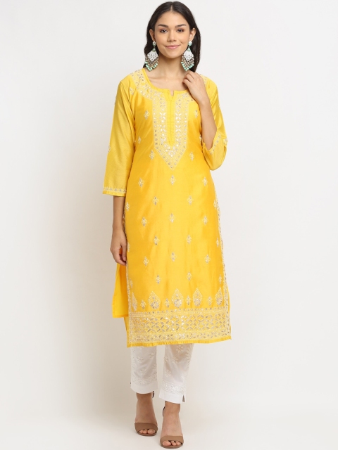 

Saksh Women Yellow & White Floral Chikankari Kurta with Trousers & Dupatta