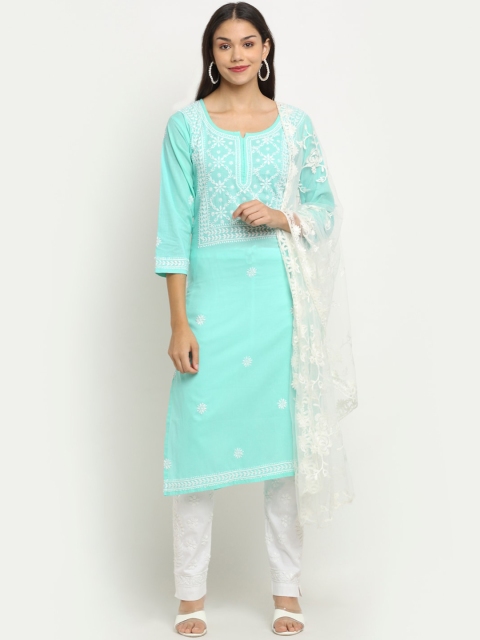 

Saksh Women Turquoise Blue Embroidered Layered Chikankari Pure Cotton Kurti with Salwar & With Dupatta