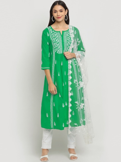 

Saksh Women Green Made to Measure Kurta with Trousers & With Dupatta
