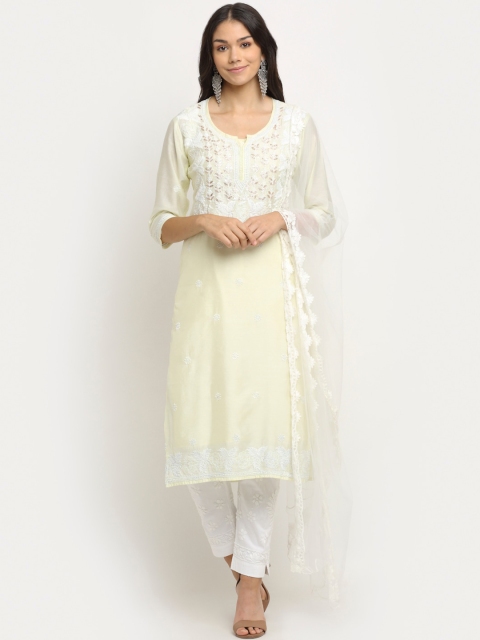 

Saksh Women Cream-Coloured Embroidered Chikankari Kurta with Trousers & Dupatta