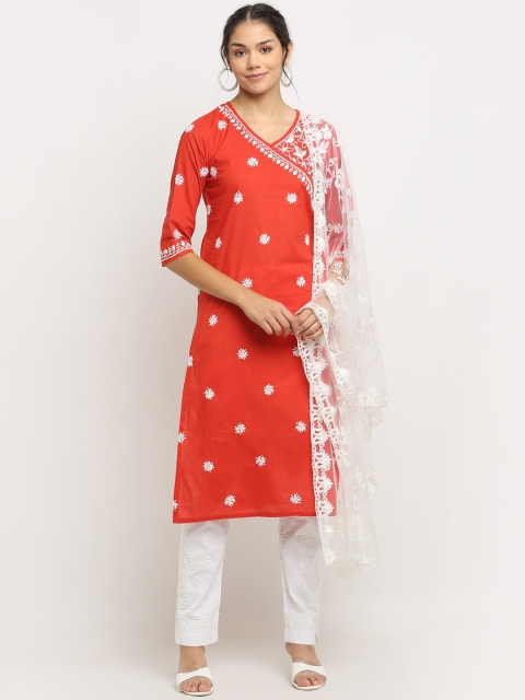 

Saksh Women Red Ethnic Motifs Embroidered Angrakha Chikankari Pure Cotton Kurti with Trousers
