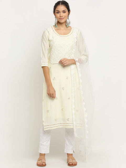 

Saksh Women Cream-Coloured Ethnic Embroidered Chikankari Kurta with Trousers & Dupatta