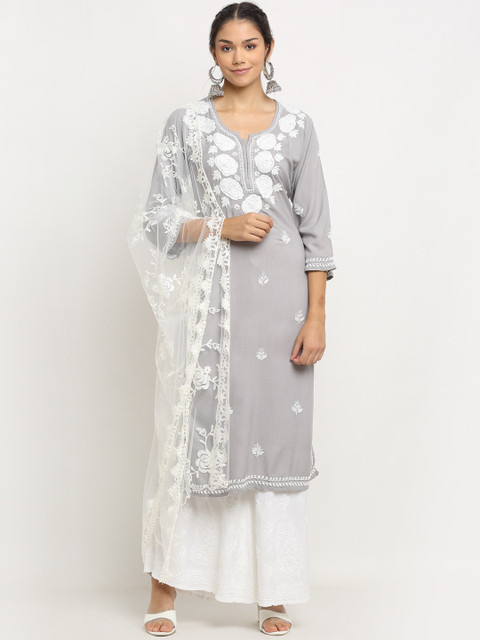 

Saksh Women Grey Floral Embroidered Layered Chikankari Kurti with Skirt & With Dupatta