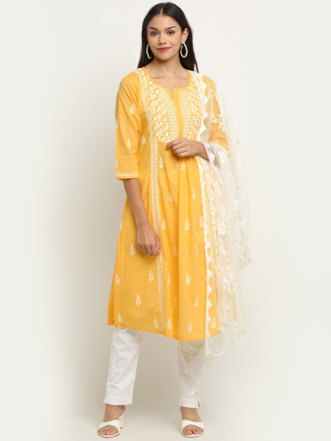 

Saksh Women Yellow & White Pure Cotton Chikankari Kurta with Trousers & Dupatta