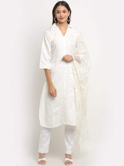 

Saksh Women Off White Floral Embroidered Kurta with Trousers & Dupatta