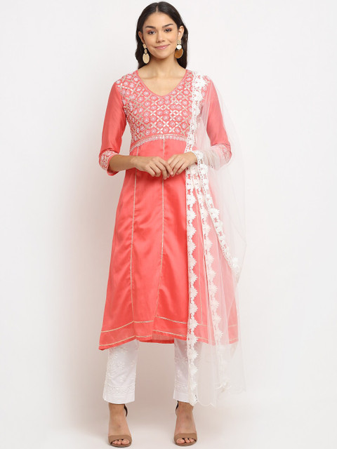 

Saksh Women Pink Made to Measure Kurta with Trousers & With Dupatta