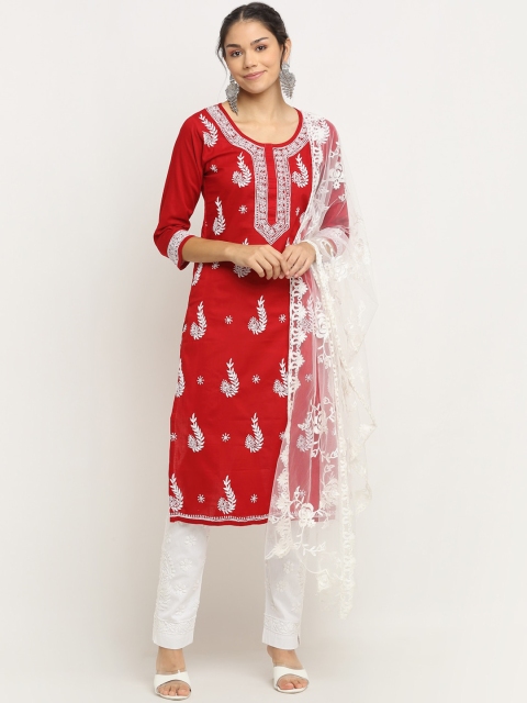 

Saksh Women Red & White Cotton Floral Chikankari Kurta with Trouser & With Dupatta