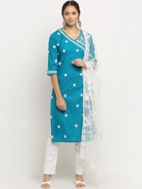 

Saksh Women Teal Floral Embroidered Angrakha Chikankari Pure Cotton Kurta with Trousers & With Dupatta
