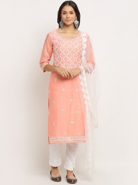 

Saksh Women Pink & White Cotton Floral Chikankari Kurta with Trouser & With Dupatta