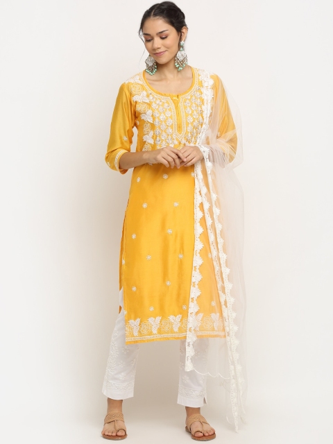 

Saksh Women Yellow Ethnic Motifs Embroidered Chikankari Kurta with Trousers & Dupatta