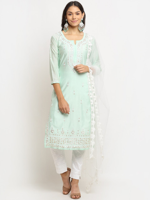 

Saksh Women Sea Green & White Cotton Floral Chikankari Kurta with Trouser & With Dupatta