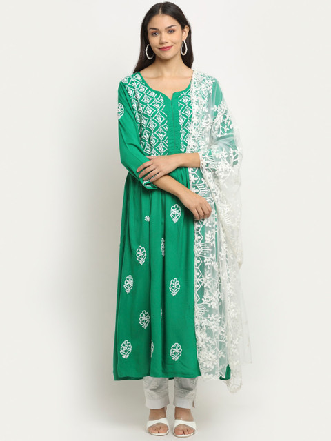 

Saksh Women Green Ethnic Motifs Embroidered Pleated Chikankari Kurti with Trousers & With Dupatta