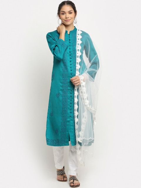 

Saksh Women Green Panelled Chikankari Kurta with Trousers & With Dupatta
