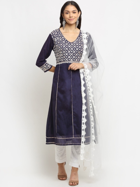 

Saksh Women Navy Blue & White Cotton Floral Chikankari Kurta with Trouser & With Dupatta