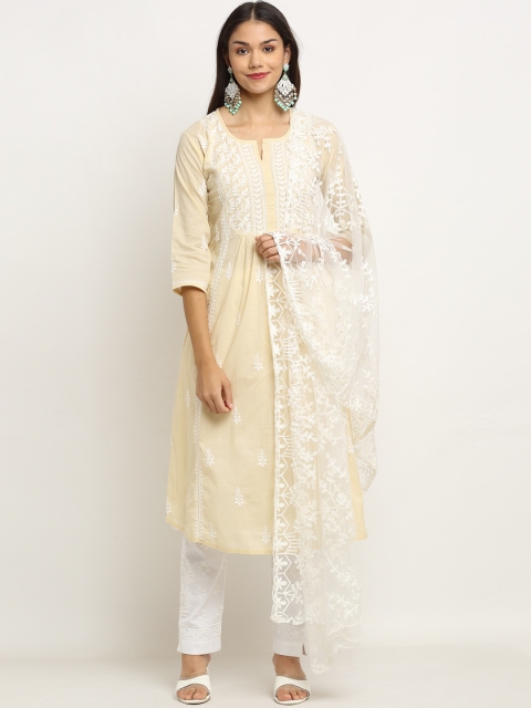 

Saksh Women Beige Ethnic Motifs Embroidered Chikankari Kurta with Trousers & Dupatta