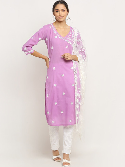 

Saksh Women Lavender Floral Angrakha Chikankari Pure Cotton Kurti with Trousers & With Dupatta