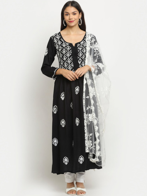 

Saksh Women Black Embroidered Panelled Chikankari Kurti with Salwar & With Dupatta