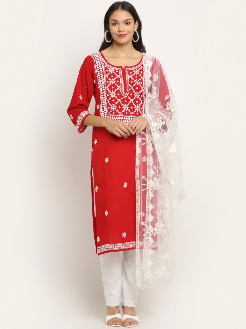 

Saksh Women Red & White Pure Cotton Floral Chikankari Kurta with Trouser & With Dupatta