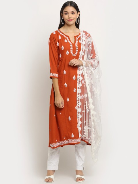 

Saksh Women Rust Orange Ethnic Embroidered Chikankari Kurta with Trousers & Dupatta