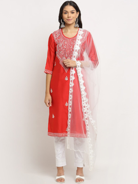 

Saksh Women Red Ethnic Motifs Embroidered Panelled Chikankari Chanderi Cotton Kurti with Trousers & With