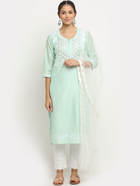 

Saksh Women Blue Ethnic Motifs Embroidered Chikankari Chanderi Cotton Kurta with Trousers & With Dupatta