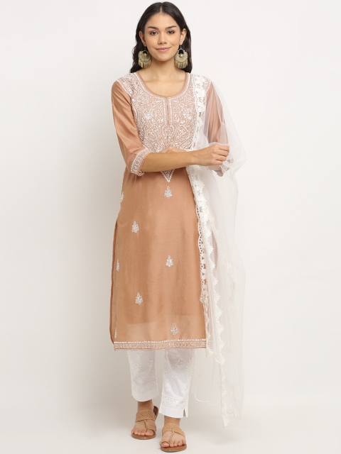 

Saksh Women Brown & White Pure Cotton Floral Chikankari Kurta with Trouser & With Dupatta
