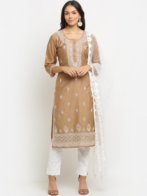 

Saksh Women Beige & White Ethnic Embroidered Chikankari Kurta with Trousers & Dupatta