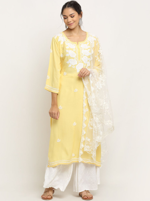 

Saksh Women Yellow & White Pure Cotton Floral Chikankari Kurta with Trouser & With Dupatta