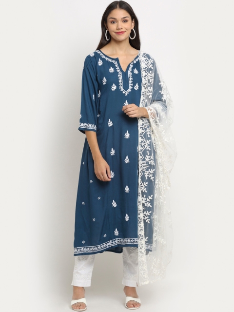 

Saksh Women Teal Blue Ethnic Motifs Embroidered Chikankari Kurti with Trousers & Dupatta