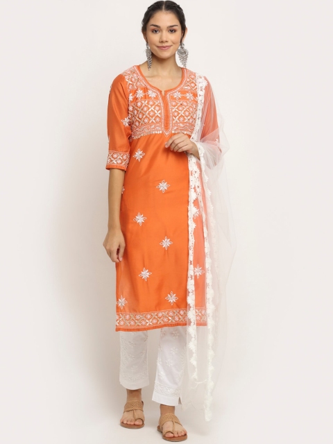 

Saksh Women Orange Ethnic Motifs Embroidered Chikankari Chanderi Cotton Kurti with Trousers & With Dupatta