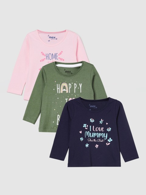 

max Girls Pack of 3 Printed Cotton T-shirts, Olive