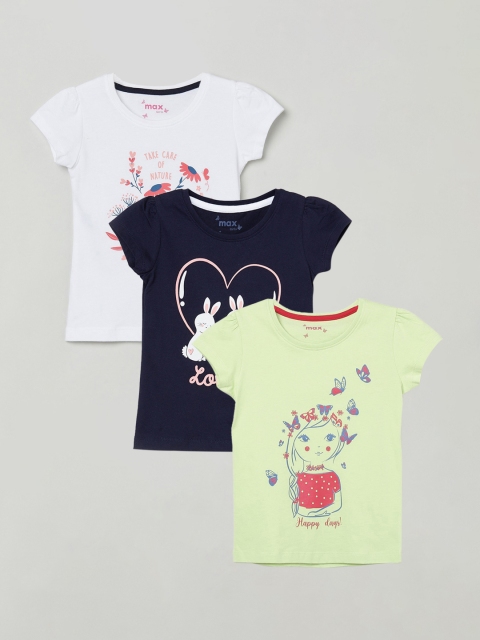 

max Girls Set of 3 Printed Regular Fit Cotton T-shirts, Navy blue