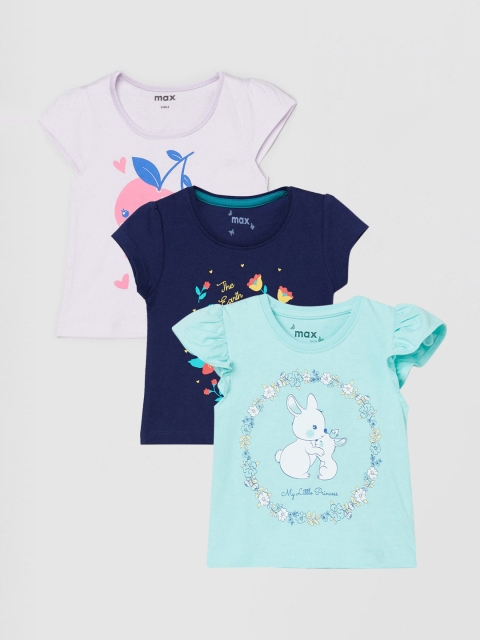 

max Girls Pack of 3 Printed Cotton T-shirts, Sea green