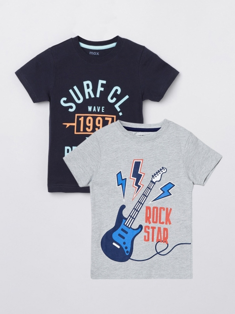 

max Boys Pack Of 3 Navy Blue & Grey Graphic Printed Regular-Fit T-Shirts