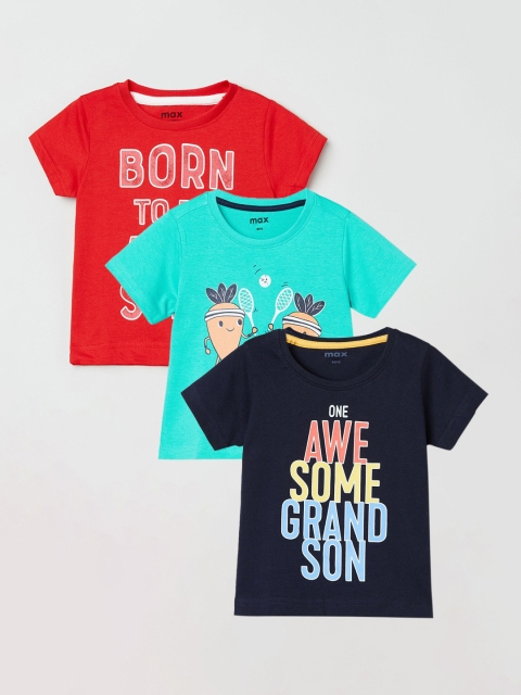 

max Boys Pack of 3 Printed Pure Cotton T-Shirts, Turquoise blue