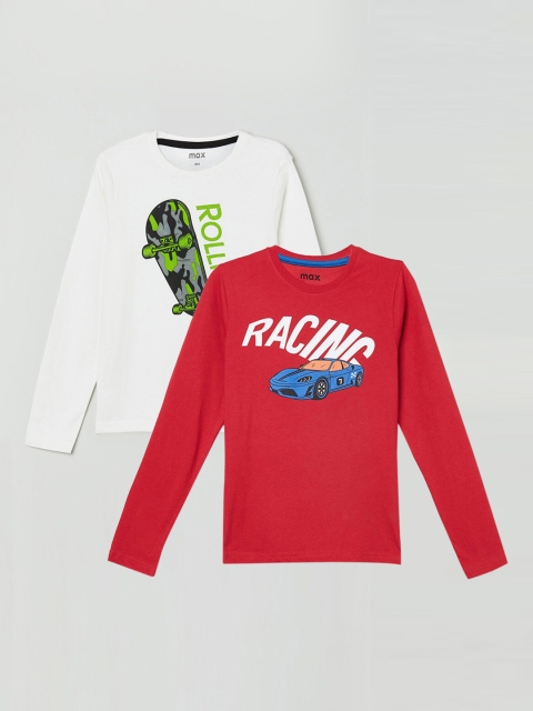 

max Boys Pack Of 2 Printed Pure Cotton Regular-Fit T-Shirts, Red