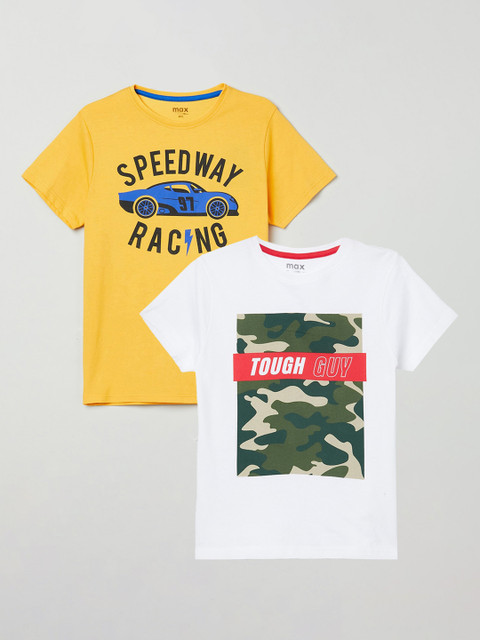 

max Boys Pack Of 2 Yellow & White Printed Pure Cotton Regular-Fit T-Shirts