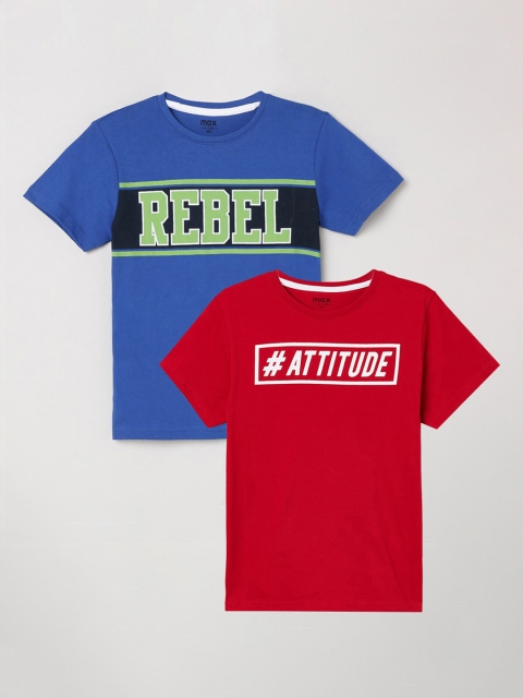 

max Boys Pack Of 2 Blue & Red Printed Pure Cotton Regular-Fit T-Shirts