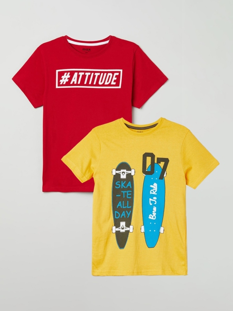 

max Boys Pack of 2 Printed Cotton T-shirts, Red