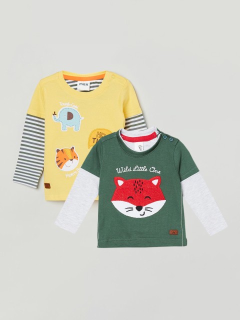 

max Boys Pack Of 2 Yellow & Green Printed Pure Cotton Regular-Fit T-Shirts